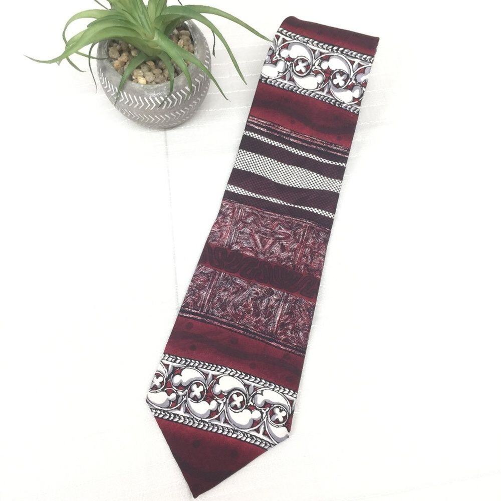 Oscar de la Renta Maroon White Mixed Print Retro Designer Wide Width Silk Tie